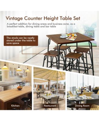 5PCS Bar Table Set Counter Height Dining Set w/ 4 Stools