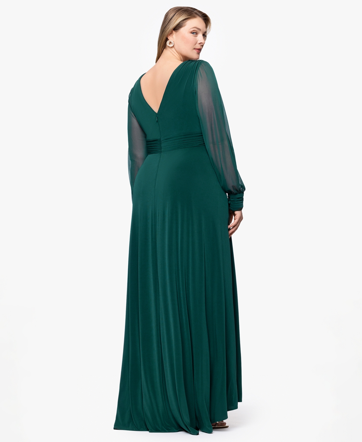 Betsy & Adam Plus Size Long Sleeve Chiffon V-neck A-line Dress In Green