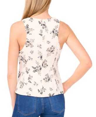Women's Floral Shirred Button Down Sleeveless Top
