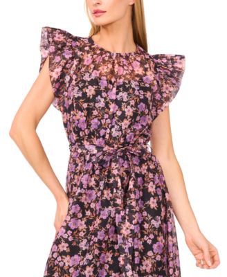 Women's Floral High Neck Flutter Sleeve Maxi Dress