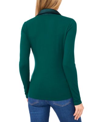 Women's Woven-Collar Knit Long-Sleeve Top