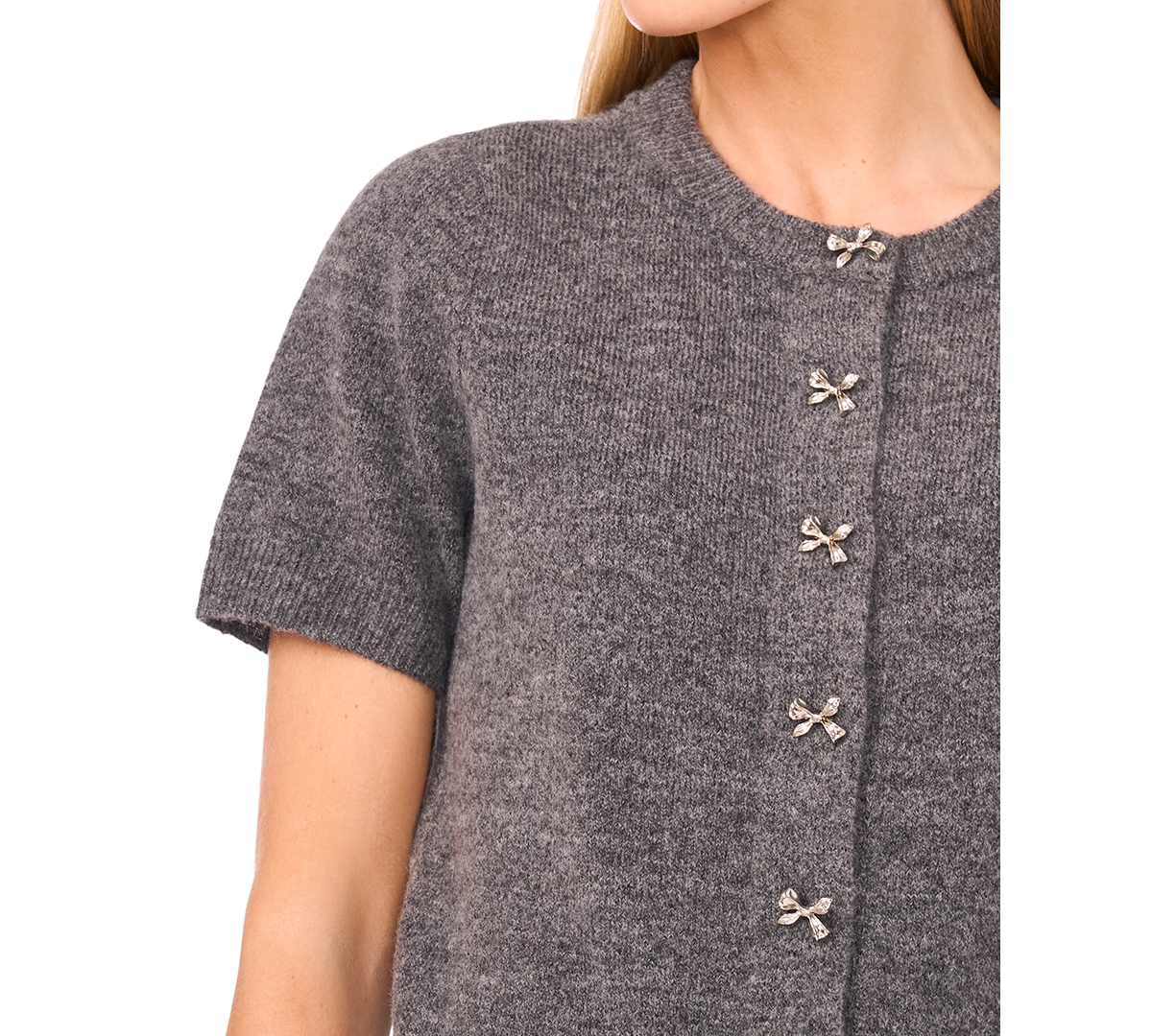Cece Short Sleeve Bow Button Cardigan In Gray