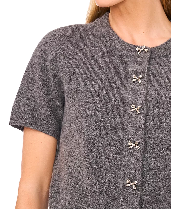 Women's Short Sleeve Bow Button Cardigan Sweater - thumbnail 8