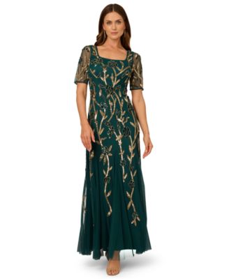 Women's Square-Neck Beaded Mesh Gown
