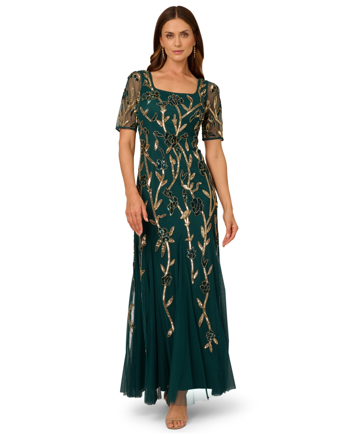 Adrianna Papell Women's Square-neck Beaded Mesh Gown In Green