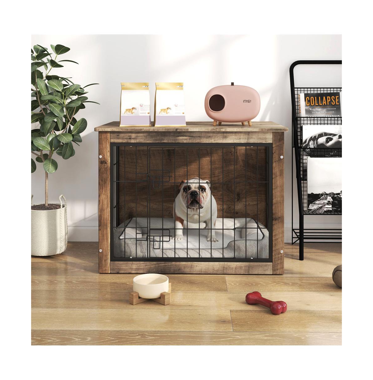 Aostirmotor Medium Wooden Dog Crate Indoor Dog Kennel with Double Doors