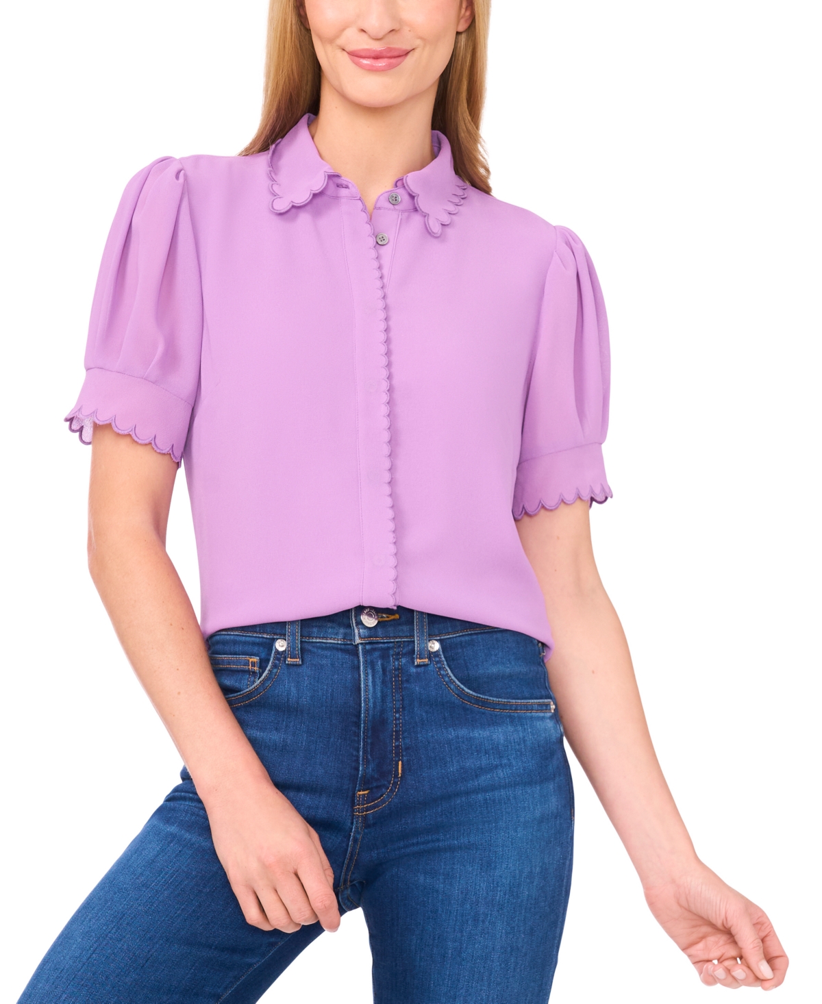 Cece Women's Scalloped Puff-sleeve Button-front Blouse In Purple