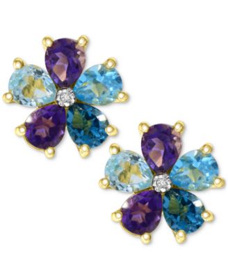 Multi Gemstone and Diamond Accent Flower Stud Earrings in 14K Gold-Plated Sterling Silver