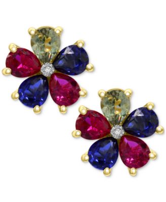 Multi Gemstone: Pink Topaz 5/8 ct. t.w., Peridot 5/8 ct. t.w. ,Blue Topaz 5/8 ct. t. w., Amethyst 5/8 ct. t.w., Citrine 1/2 ct. t.w. and Diamond Accent Flower Stud Earrings in 14K Gold-Plated Sterling Silver