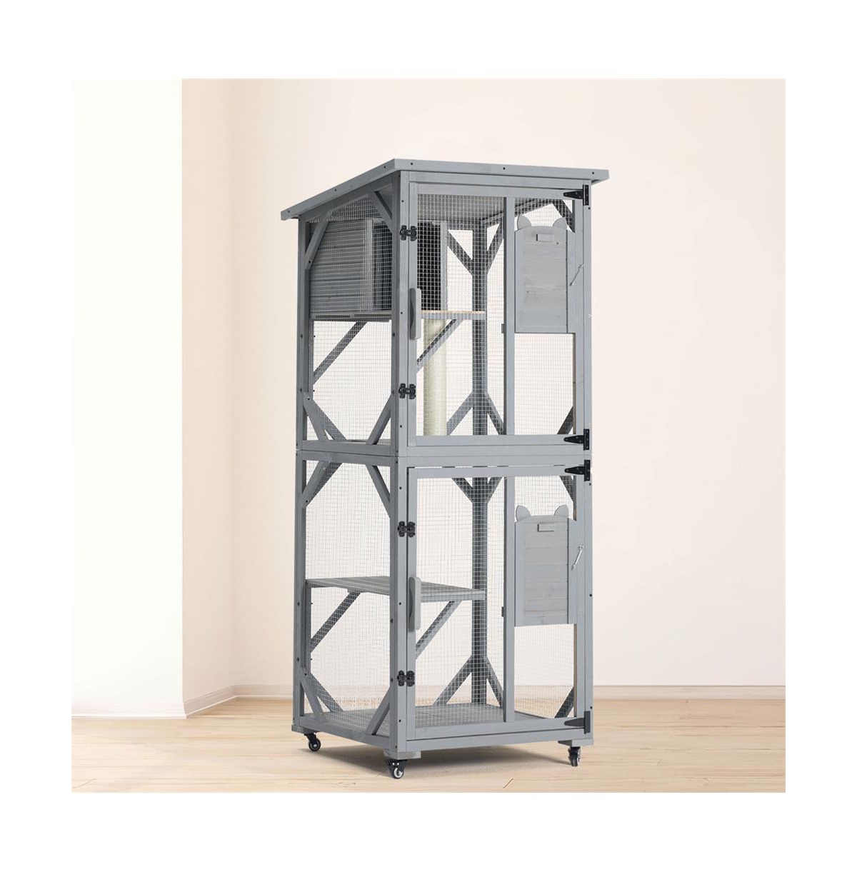 Aostirmotor 70.9 in. H Outdoor Cat Enclosure on Wheels with Upgraded Resting Box Waterproof Roof in Gray