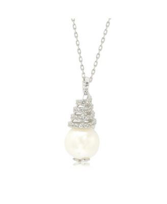 Suzy Levian Sterling Silver Pearl & White Sapphire Swirl Pendant