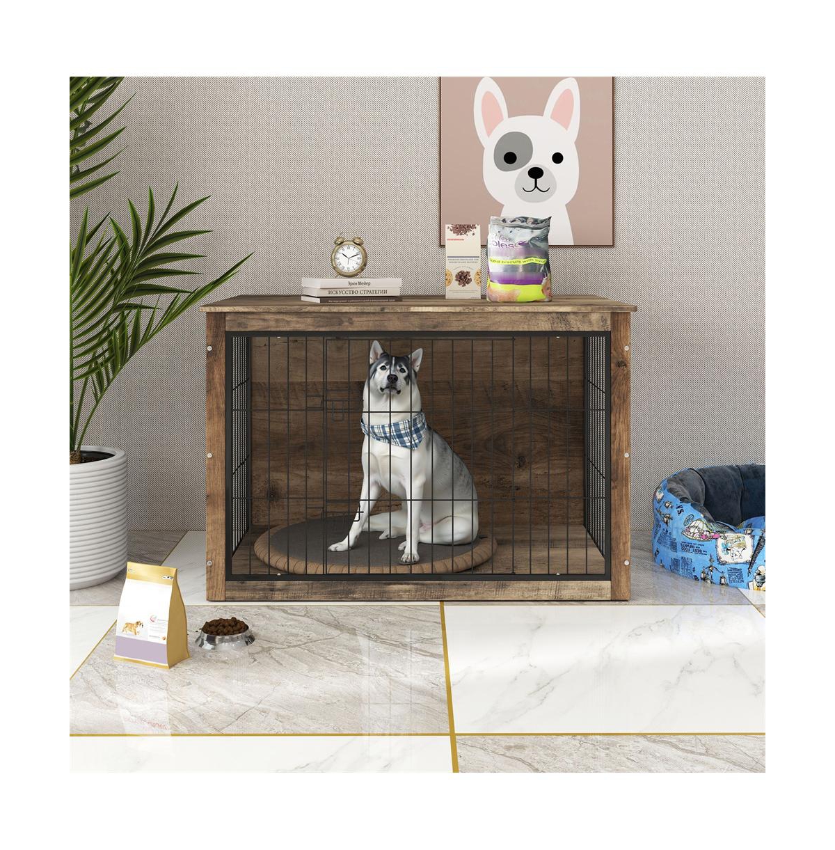 Aostirmotor Natural Wooden Dog Crate Indoor Dog Kennel with Double Doors