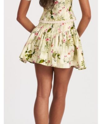 Women Zanelle Green Floral Print Drop Waist Linen Full Skirt