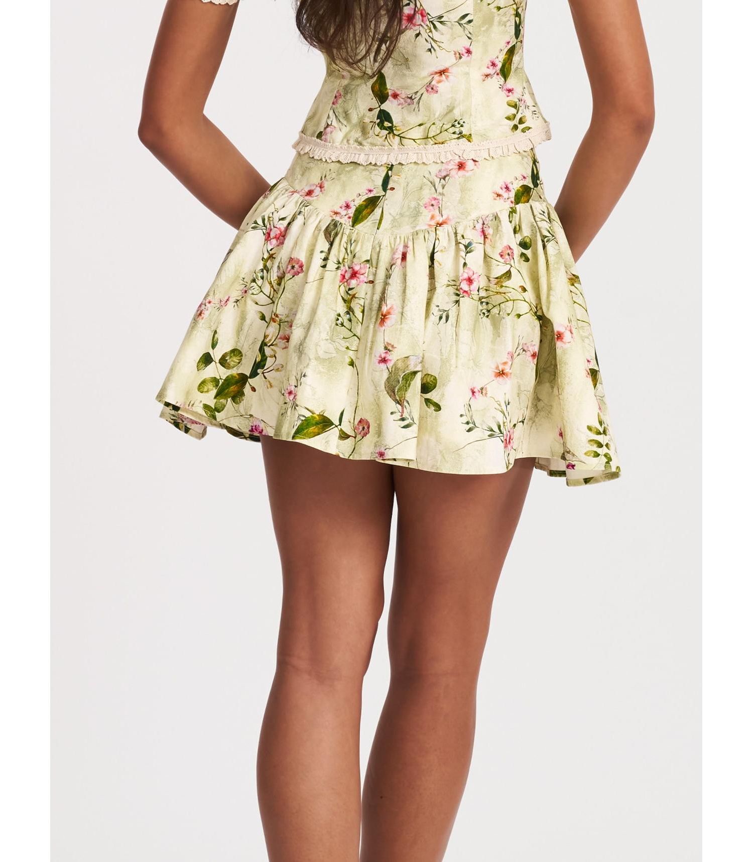 Women Zanelle Green Floral Print Drop Waist Linen Full Skirt