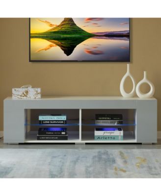 White Entertainment TV Stand with LED Lights and Glass Shelves with UV Frame
