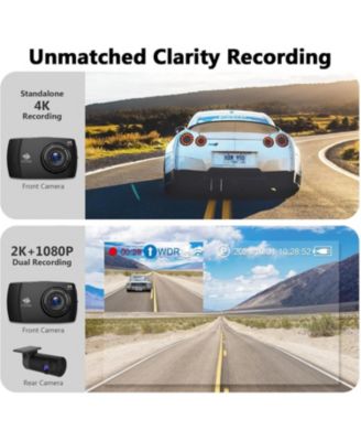 T4 4K Dash Cam, 2K Front + 1080P Rear, 4 inch Touchscreen, WDR Night Vision, G Sensor, Loop Recording, 24 Hour Parking Mode, Built in Wi Fi, Supports max 512GB TF Card