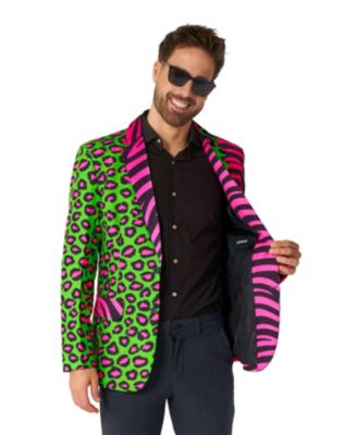 Men's Party Blazer - Neon Animal Print Slim Fit - Green - Pink