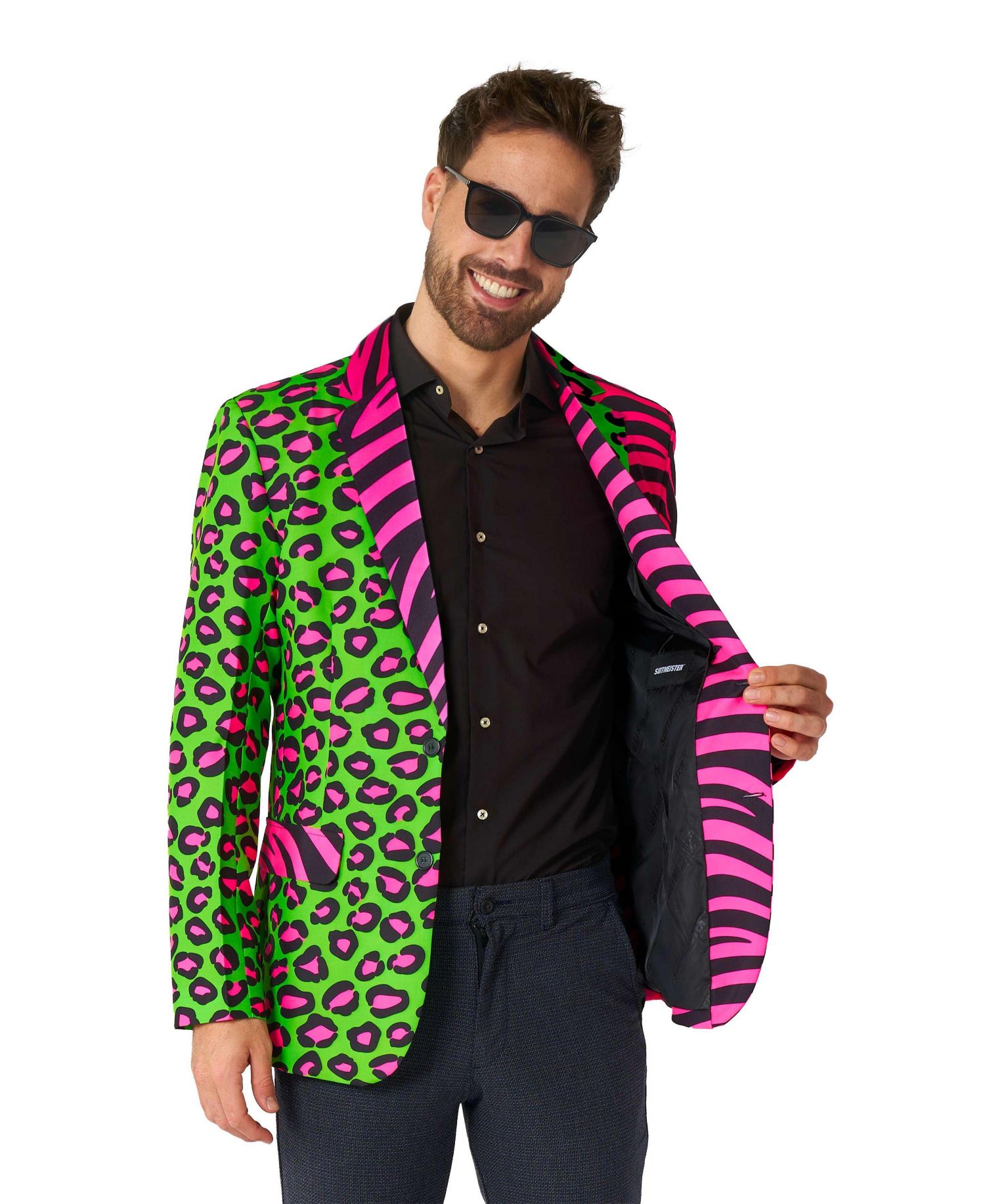 Men's Party Blazer - Neon Animal Print Slim Fit - Green - Pink