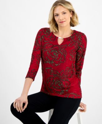 JM Collection - Petite Flocked Keyhole Top