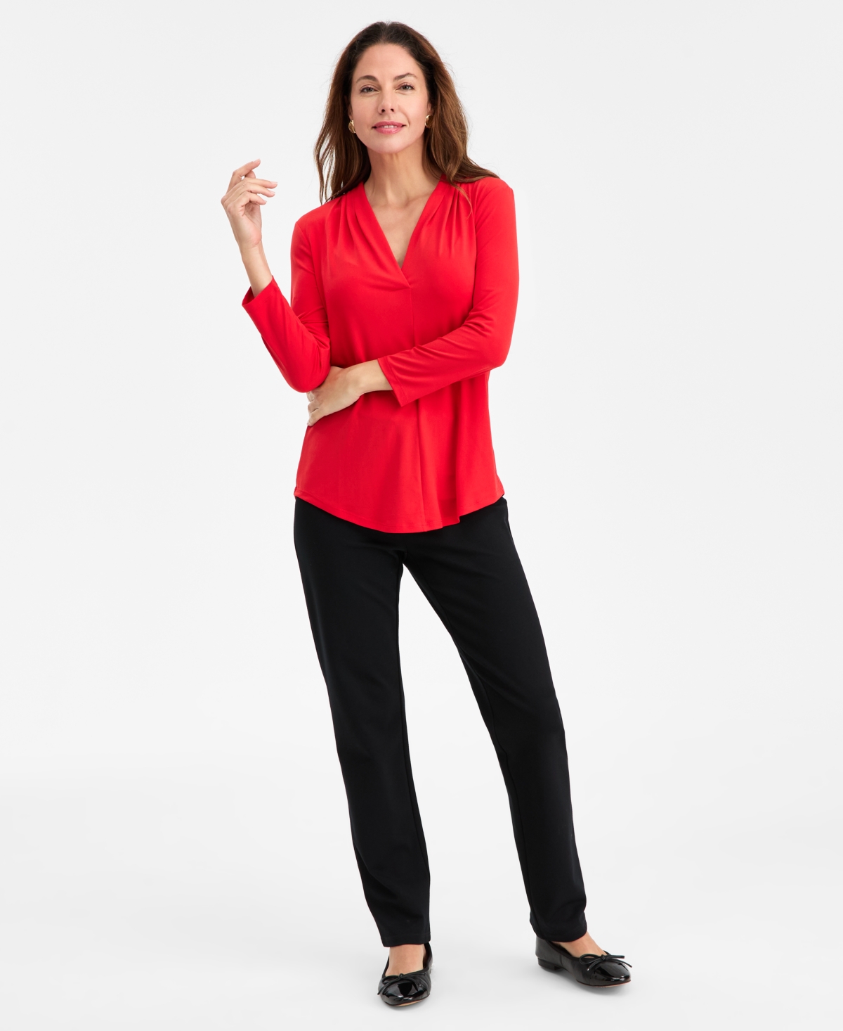 Jm Collection Women's 3/4 Sleeve V-Neck Knit Top, Created for Macy's