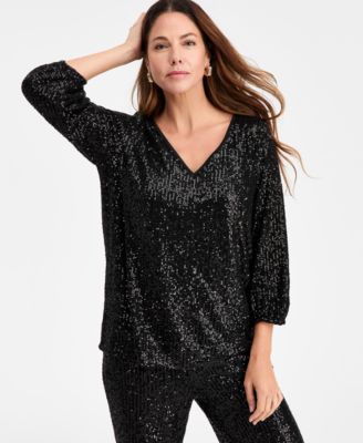 JM Collection - Women's Sequinned 3/4-Sleeve Top