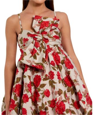 Women's Brocade Thin Strap Puff Mini Dress With Bow