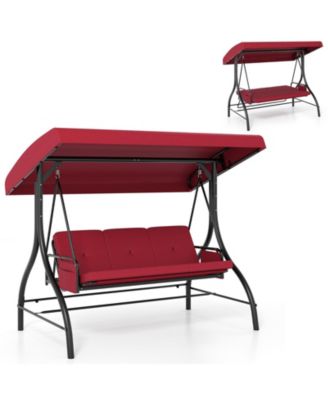 3-Seat Patio Swing w/ Canopy & Removable Cushions & Side Pockets Stand