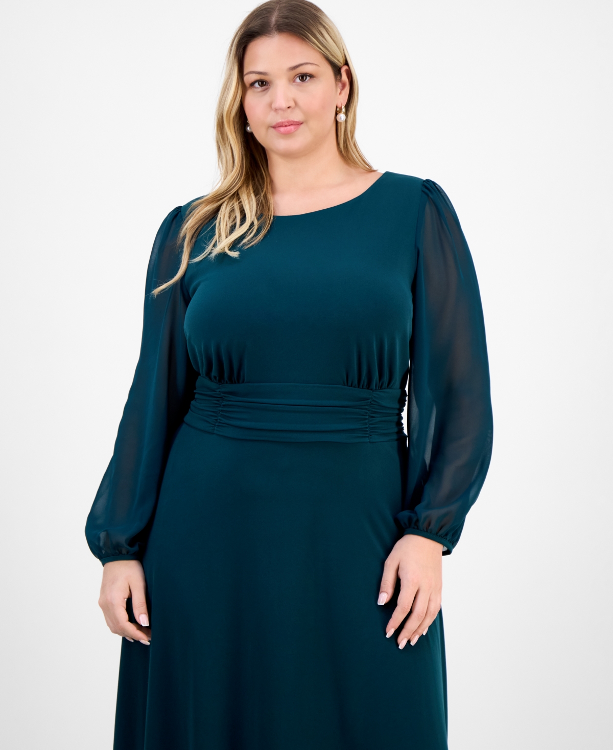 Connected Plus Size Shirred-waist Sheer-sleeve Midi Dress
