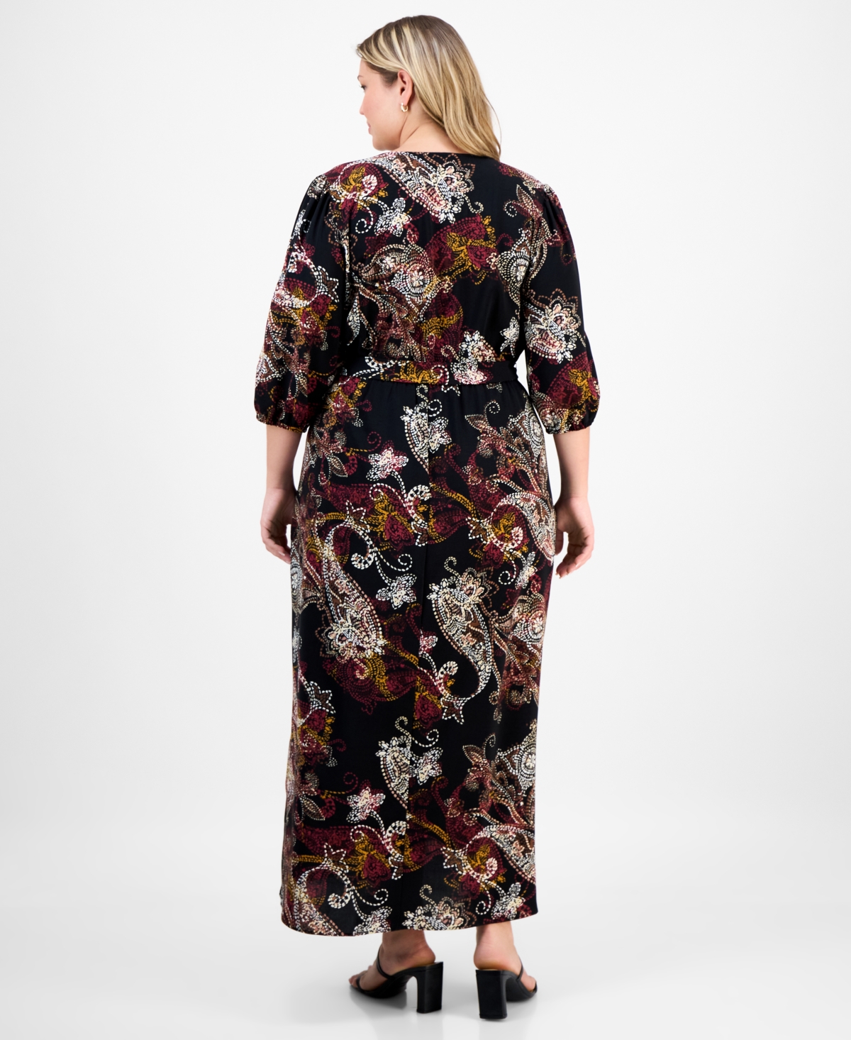 Connected Plus Size Woven Long-sleeve Tie-waist Dress