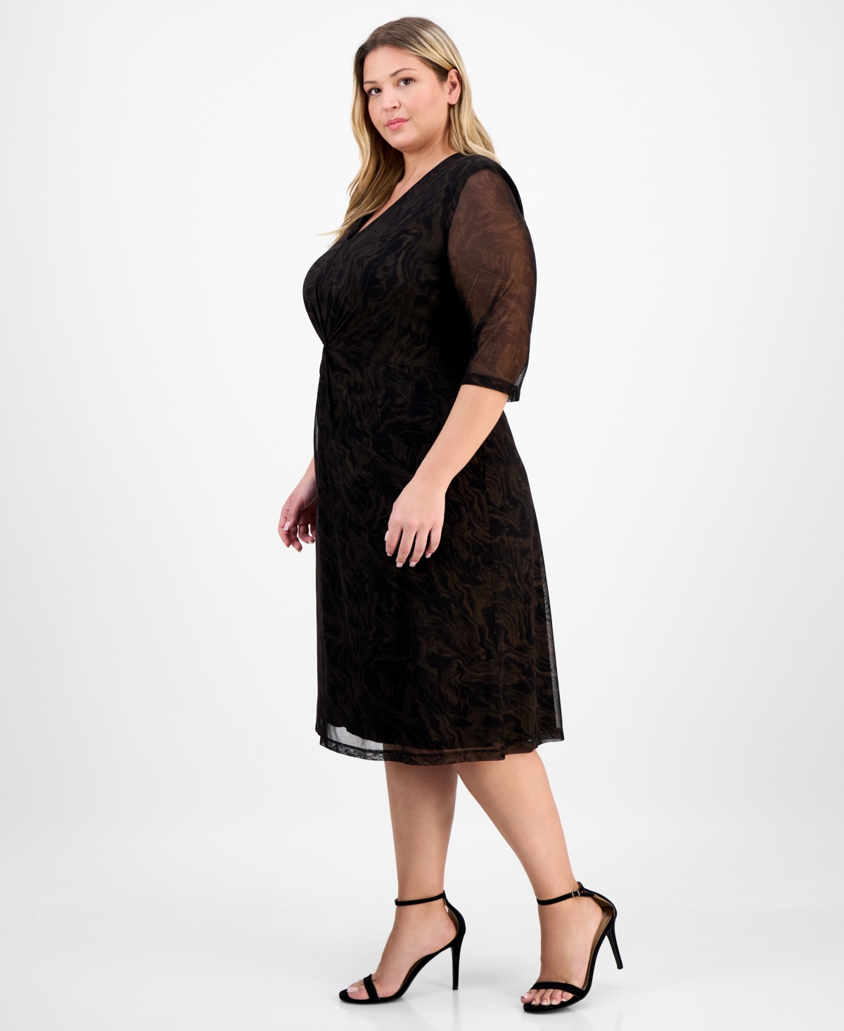 Connected Plus Size V-neck Mesh Elbow-sleeve Dress In Black