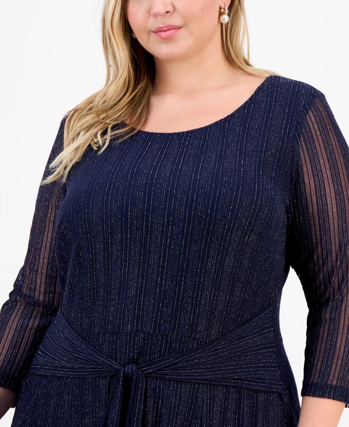 Connected Plus Size Mesh Long-sleeve Round-neck Dress In Blue