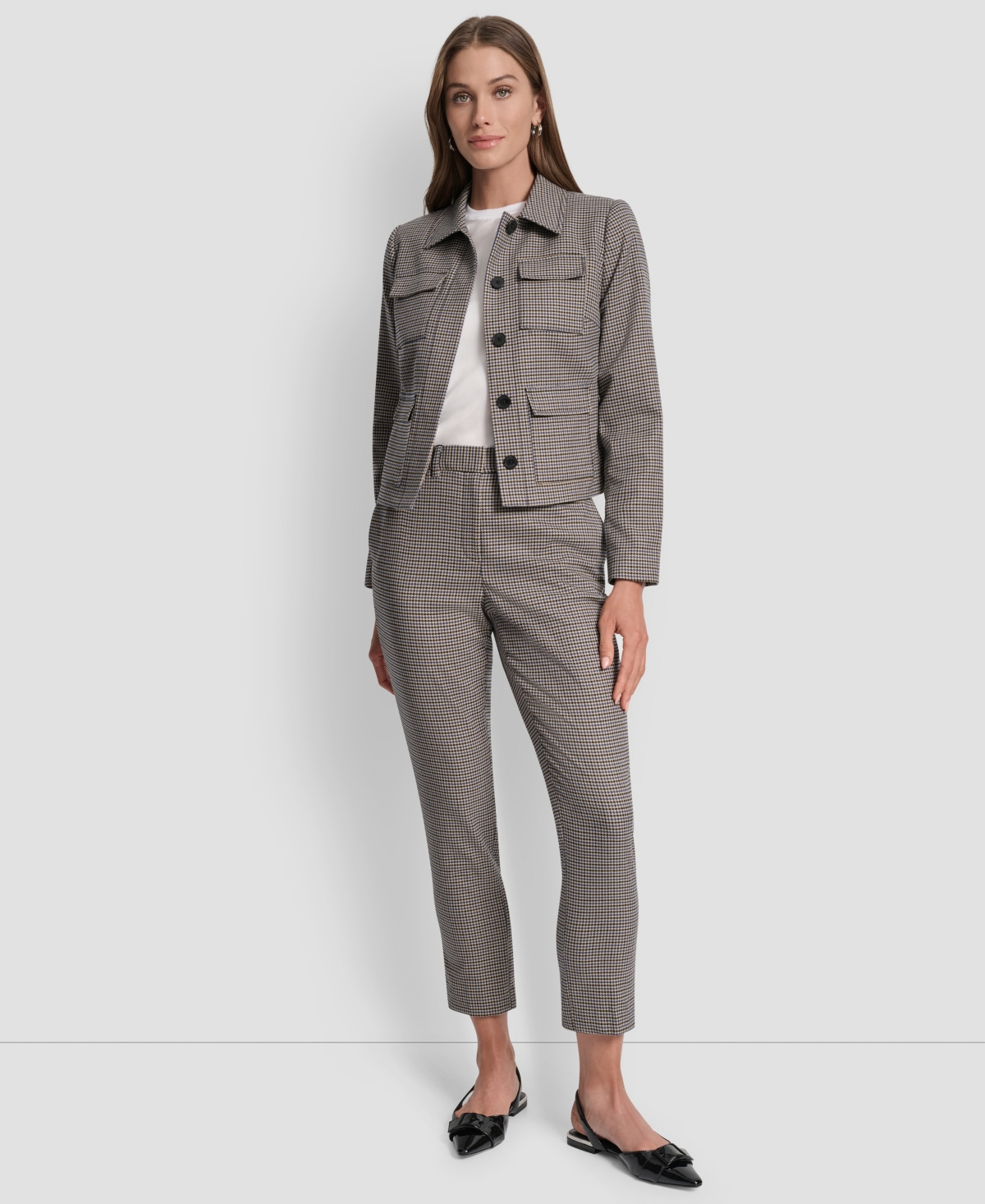 Dkny Petite Houndstooth Long Sleeve Trucker Jacket In Gray