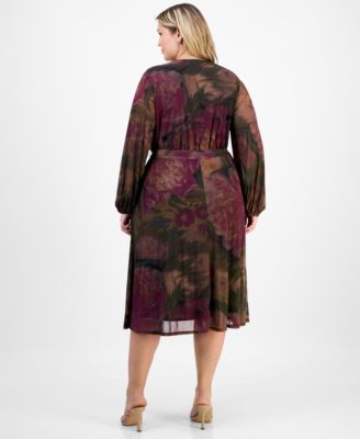 Plus Size Long-Sleeve Printed Mesh A-Line Dress