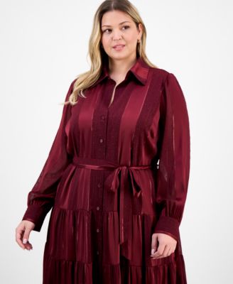 Plus Size Long-Sleeve Satin Stripe Shirtdress