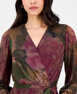 Petite Long-Sleeve Printed Mesh Midi Dress