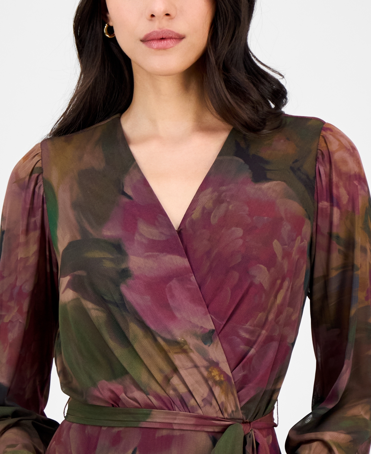 Robbie Bee Petite Long-sleeve Printed Mesh Midi Dress In Multi