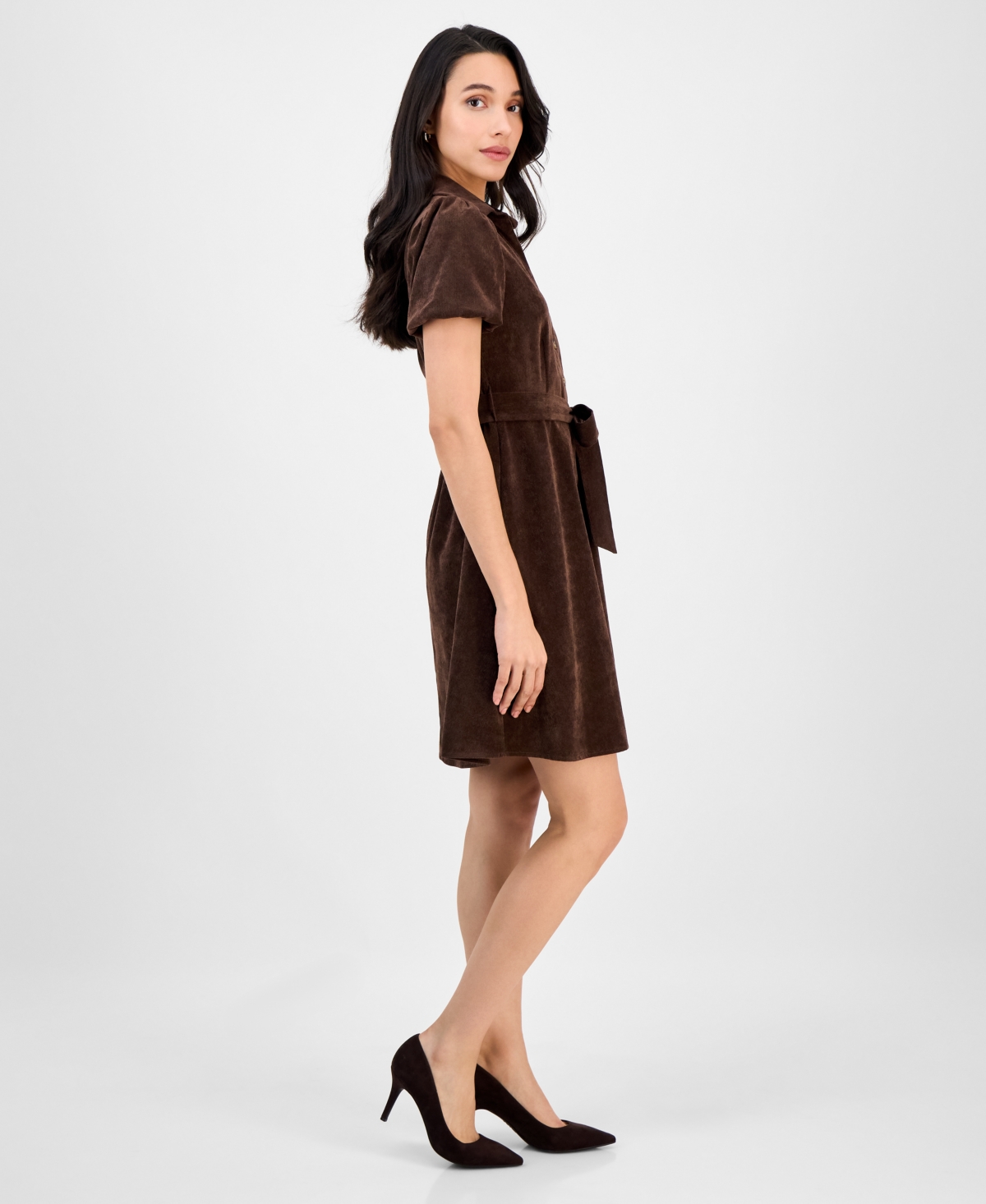 Robbie Bee Petite Short-sleeve Button-front Corduroy Shirtdress In Brown