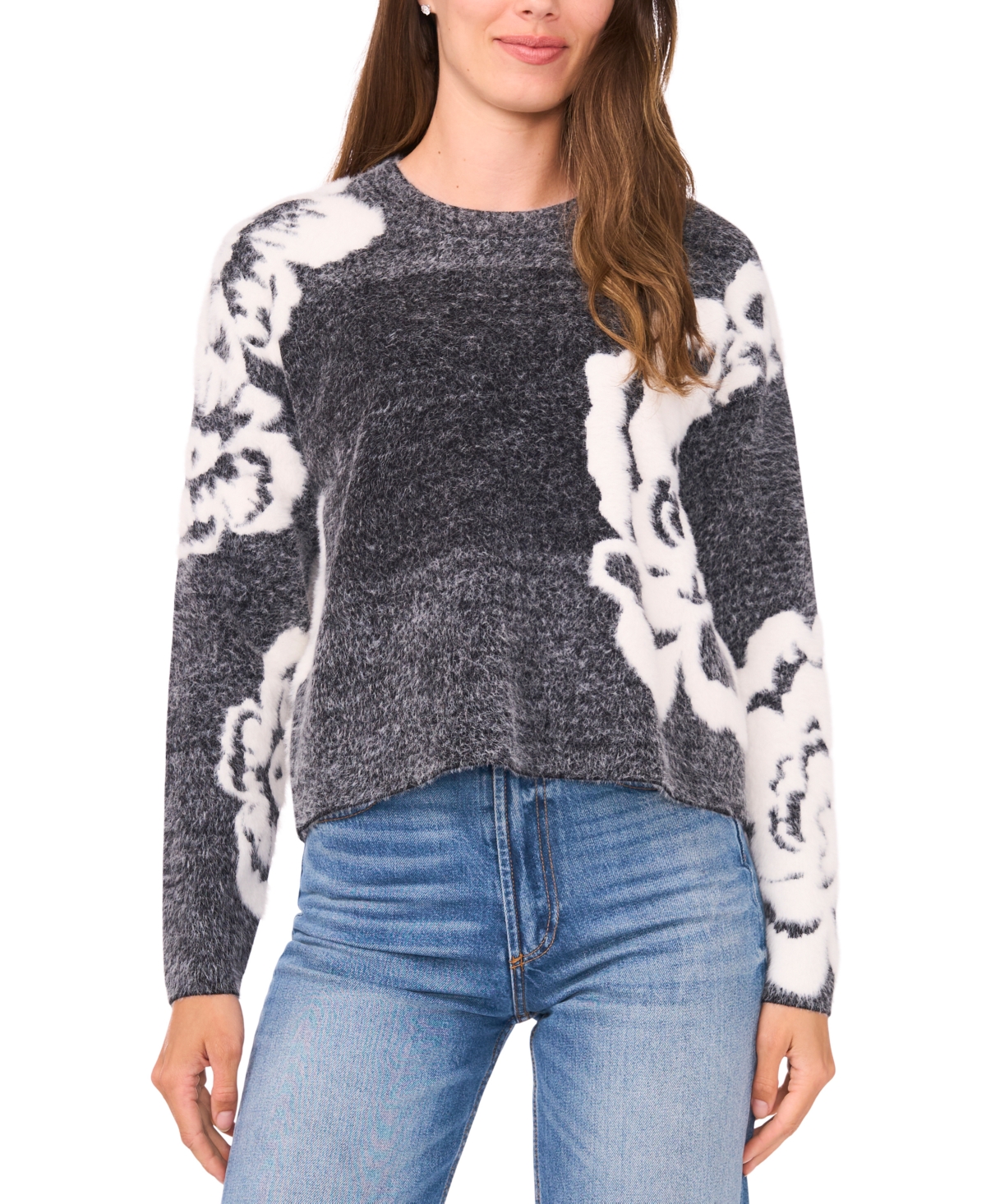 Sam & Jess Women's Jacquard Floral Crewneck Sweater In Gray