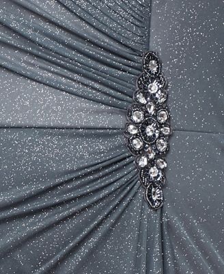 Plus Size Long Portrait Collar Glitter Smoke 3/4-Sleeve A-Line Dress