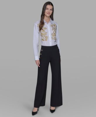 Karl Lagerfeld Womens Side Button Wide Leg Ponte Pants P Xs Xl In Black