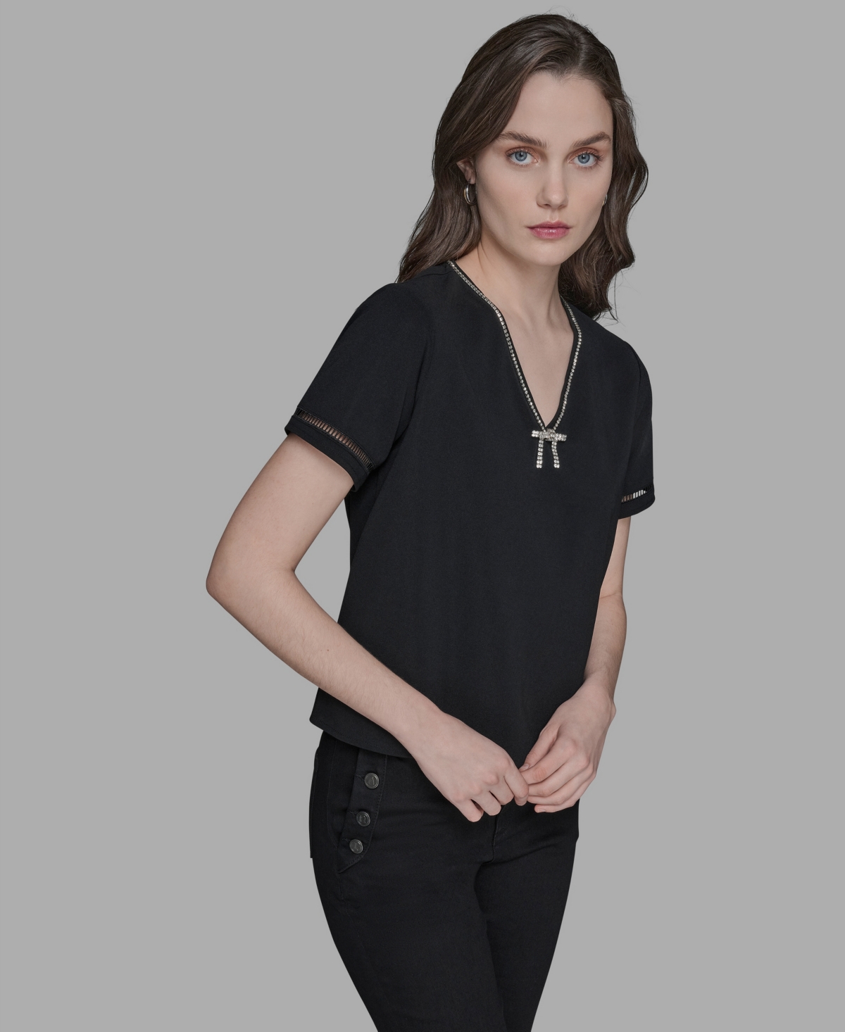 Karl Lagerfeld Women's Sparkle-bow V-neck Knit Top In Black