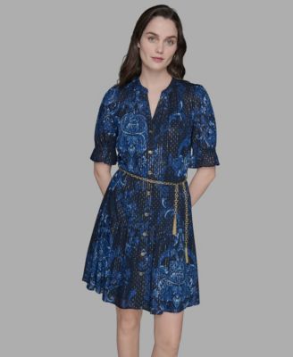 Karl Lagerfeld Womens Printed Chain Belt Ruffle Sleeve Dress 2p 16 In Blue