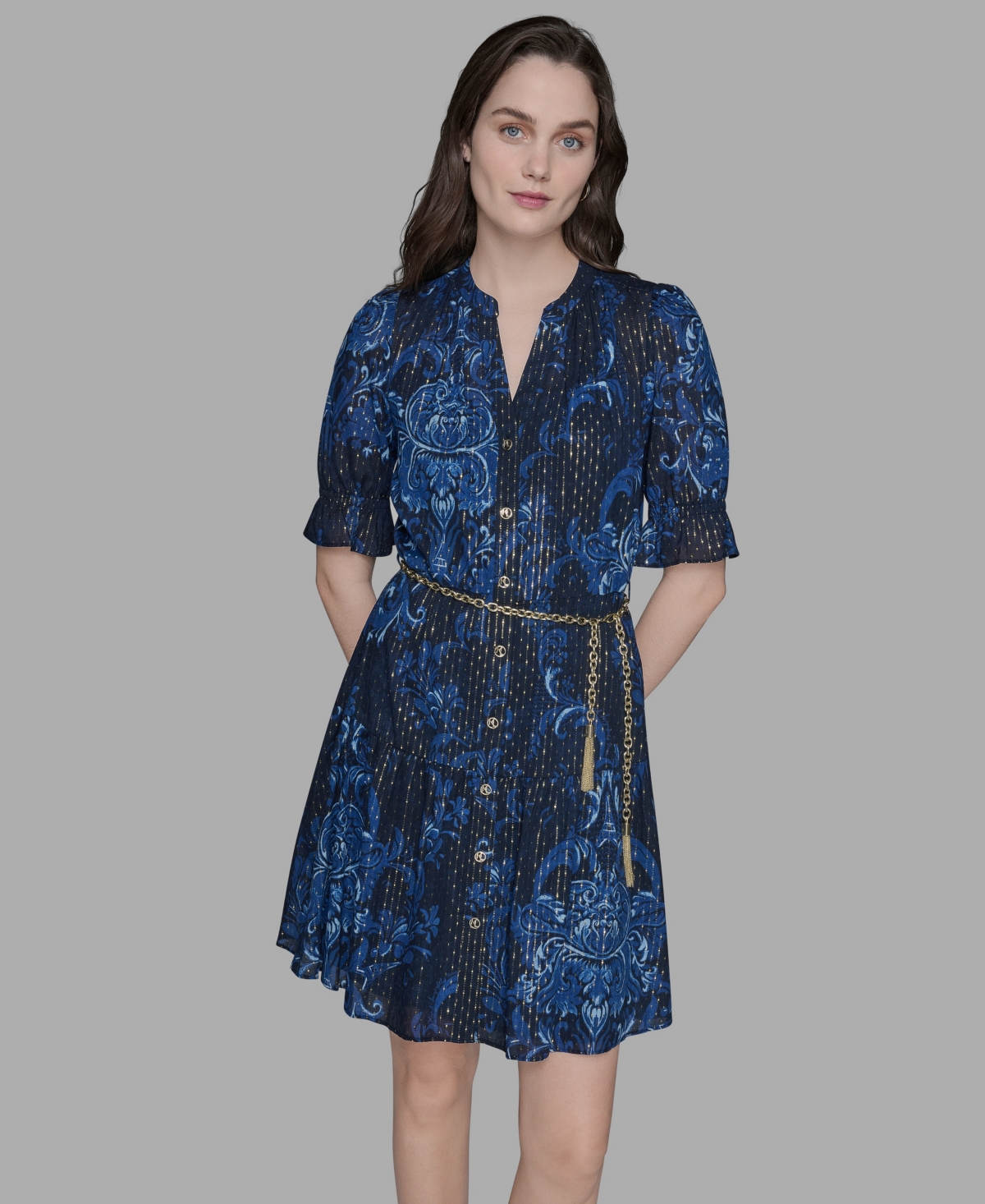 Karl Lagerfeld Women's Printed Chain-belt Ruffle-sleeve Dress In Blue