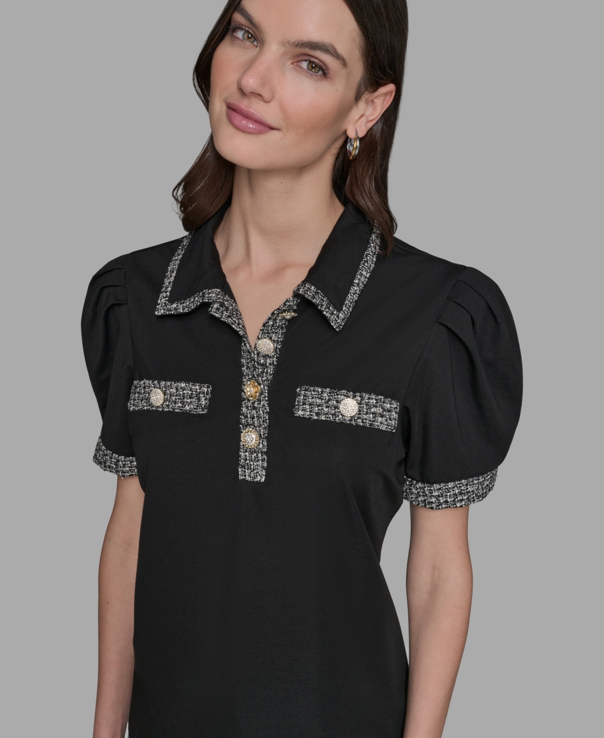 Karl Lagerfeld Paris Women's Short Sleeve Tweed Trim Knit Top
