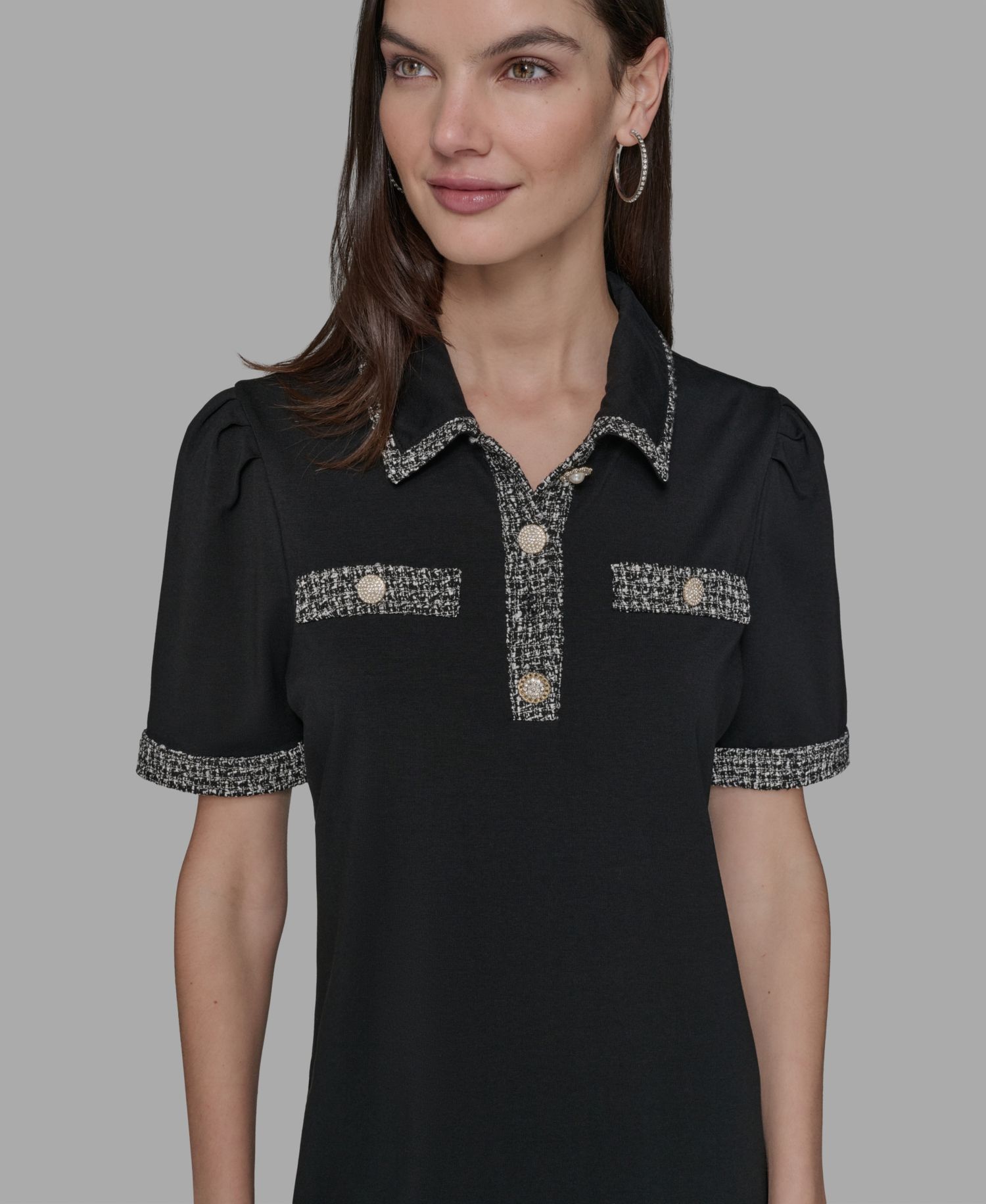 Women's Tweed-Trim Button-Front Dress