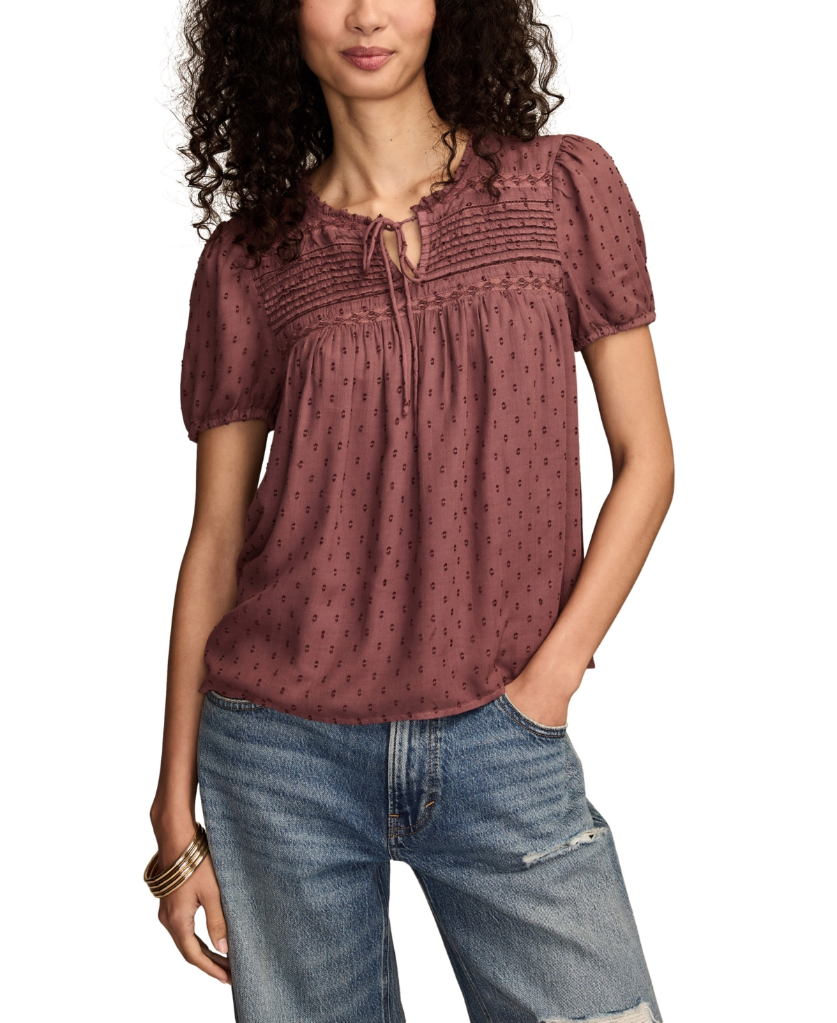 Lucky Brand Clip Dot Short Sleeve Top In Brown