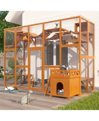 118 in. Outdoor Wooden Cat house Cat shelves with Window Box in Natural
