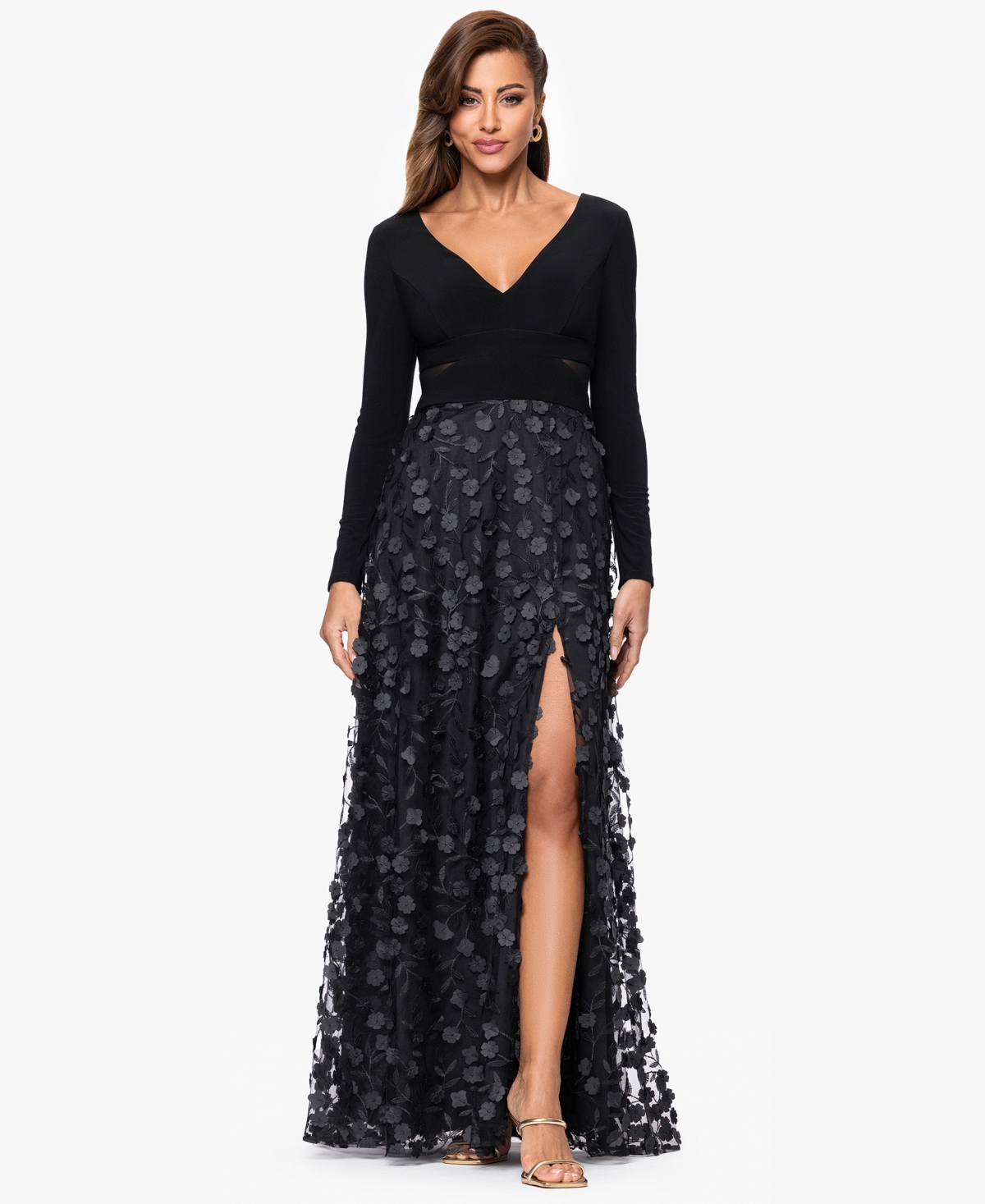 Xscape Women's Long Sleeve V-neck Dress In Black