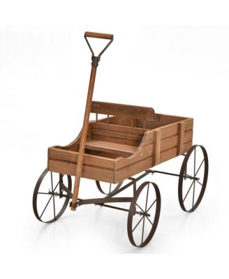 Garden Plant Planter Wooden Wagon Planter W/ Wheel Garden Yard