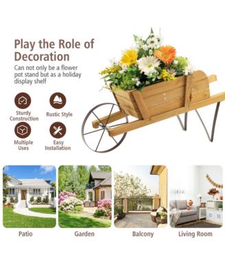 Wooden Wagon Planter Decorative Indoor/ Outdoor Rustic Flower Cart w/ Wheel